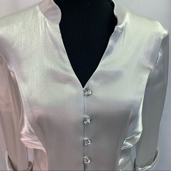 Laura Petites Silver pearl shiny coloured evening formal blouse size 10P - Picture 4 of 9